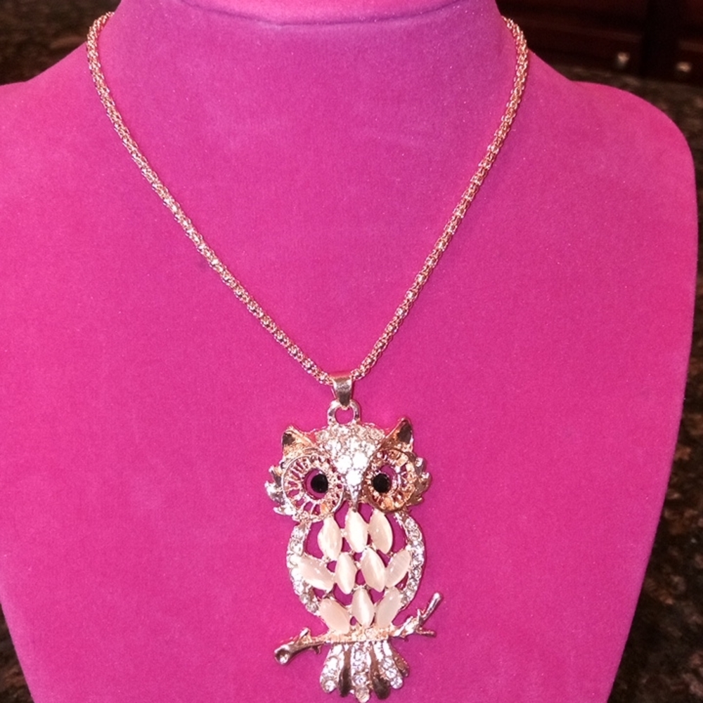 Rose Gold Opal Owl Long Necklace - Picture 3 of 3